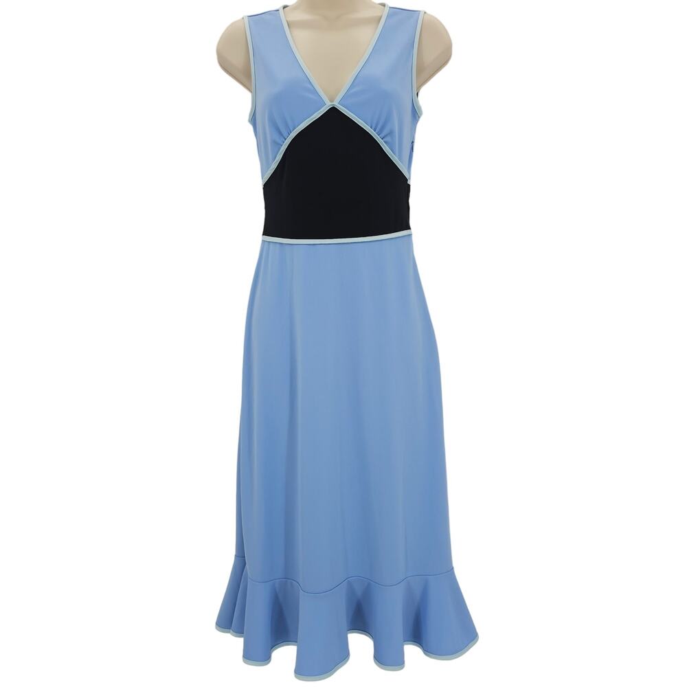 VTG Express Womans size 1/2 Sleeveless Ruffle Hem Midi Sheath Dress Blue Y2K